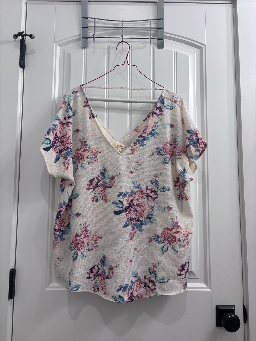 Wishful Park Cream Floral V-Neck Blouse with Pink & Blue Blooms